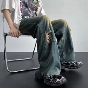 Aidase Men's Hip Hop Ripped Hole Jeans Korean Handsome Casual Pants High Street Straight Loose Wide Leg Jeans Vintage Blue Baggy Jeans