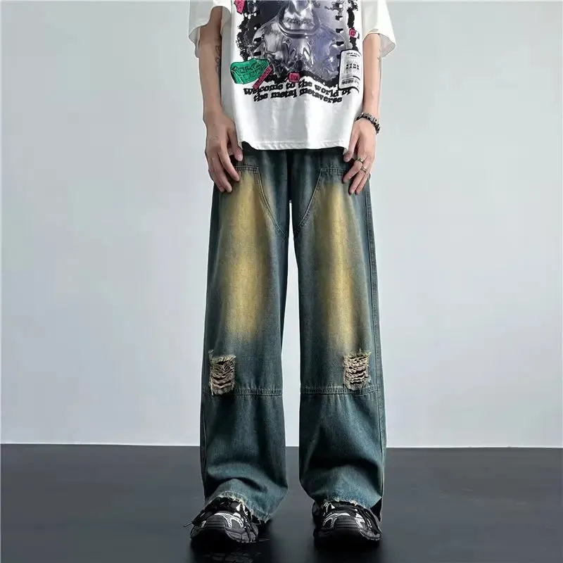 Aidase Men's Hip Hop Ripped Hole Jeans Korean Handsome Casual Pants High Street Straight Loose Wide Leg Jeans Vintage Blue Baggy Jeans