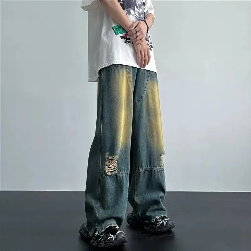 Aidase Men's Hip Hop Ripped Hole Jeans Korean Handsome Casual Pants High Street Straight Loose Wide Leg Jeans Vintage Blue Baggy Jeans
