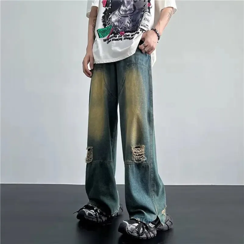 Aidase Men's Hip Hop Ripped Hole Jeans Korean Handsome Casual Pants High Street Straight Loose Wide Leg Jeans Vintage Blue Baggy Jeans