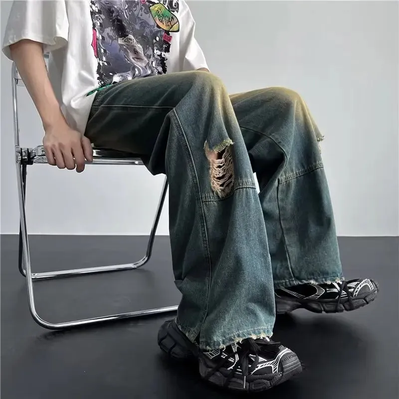 Aidase Men's Hip Hop Ripped Hole Jeans Korean Handsome Casual Pants High Street Straight Loose Wide Leg Jeans Vintage Blue Baggy Jeans