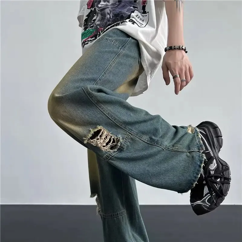 Aidase Men's Hip Hop Ripped Hole Jeans Korean Handsome Casual Pants High Street Straight Loose Wide Leg Jeans Vintage Blue Baggy Jeans