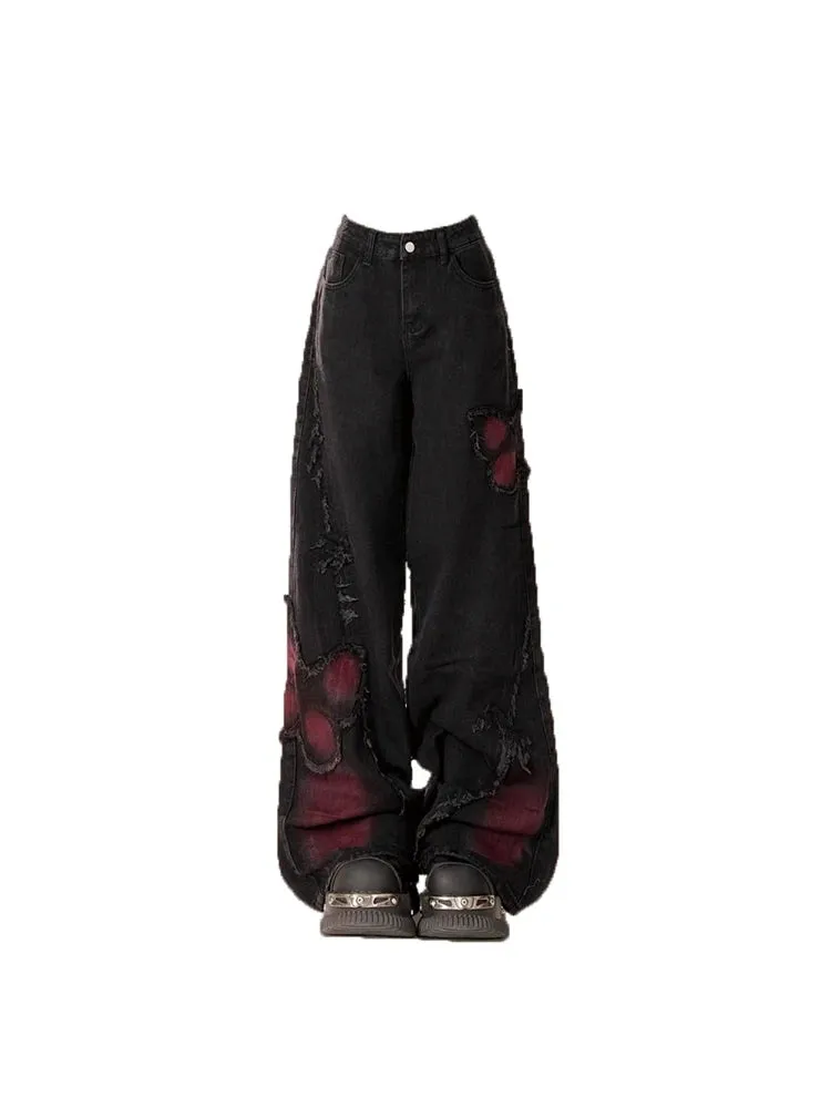 Aiertu Women's Black Gothic Baggy Jeans Harajuku Y2k Aesthetic Butterfly Denim Trousers Korean Jean Pants Vintage 2000s Trashy Clothes