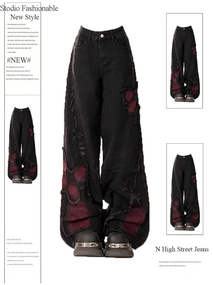 Aiertu Women's Black Gothic Baggy Jeans Harajuku Y2k Aesthetic Butterfly Denim Trousers Korean Jean Pants Vintage 2000s Trashy Clothes