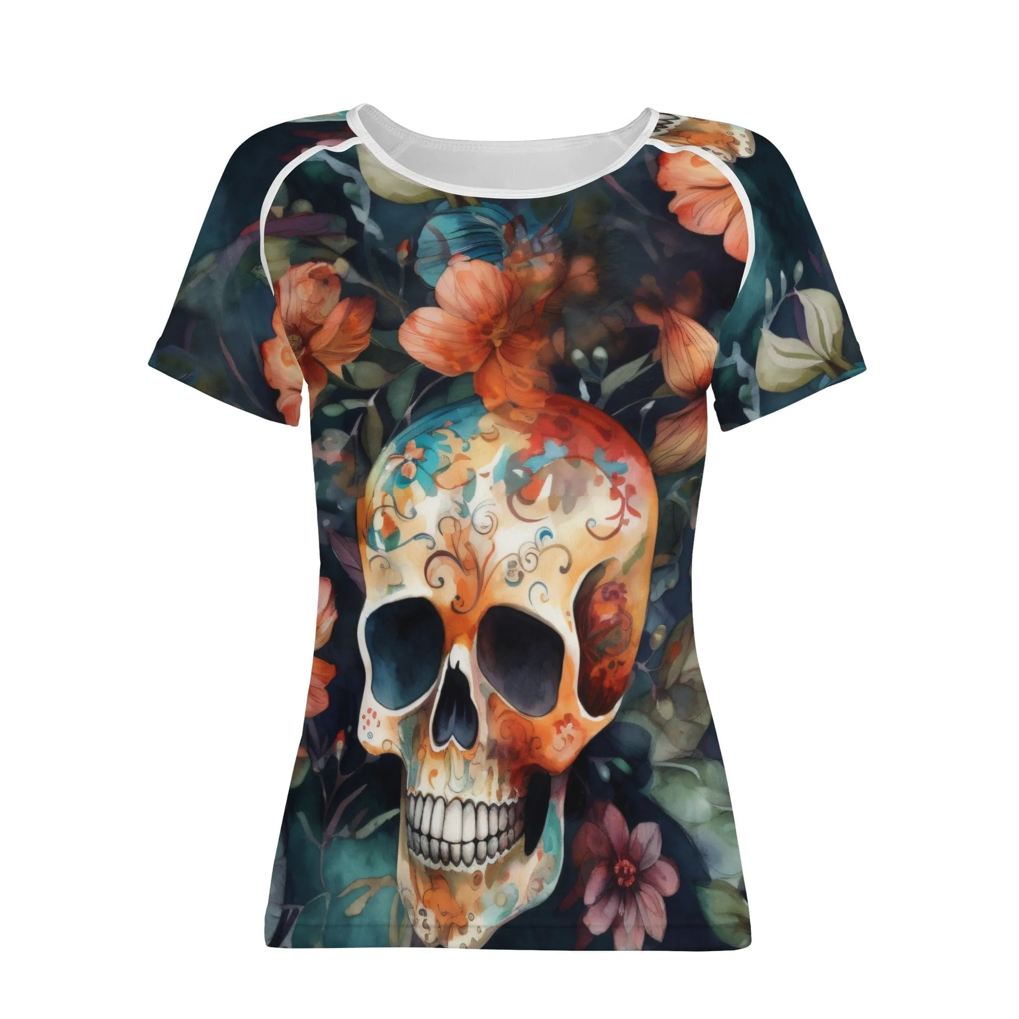 Be Unique & Stylish In This Women's Skull Brown Floral Short Sleeve T-Shirt