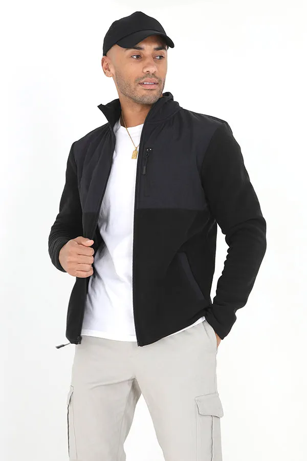 BLACK FUNNEL NECK FLEECE MIX ZIP THROUGH JACKET