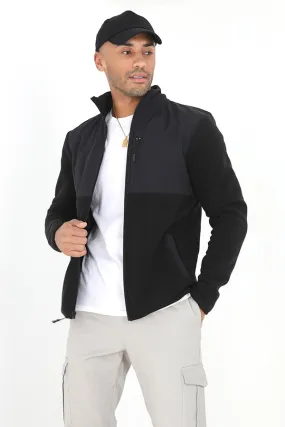 BLACK FUNNEL NECK FLEECE MIX ZIP THROUGH JACKET