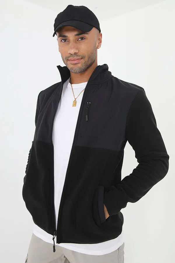 BLACK FUNNEL NECK FLEECE MIX ZIP THROUGH JACKET