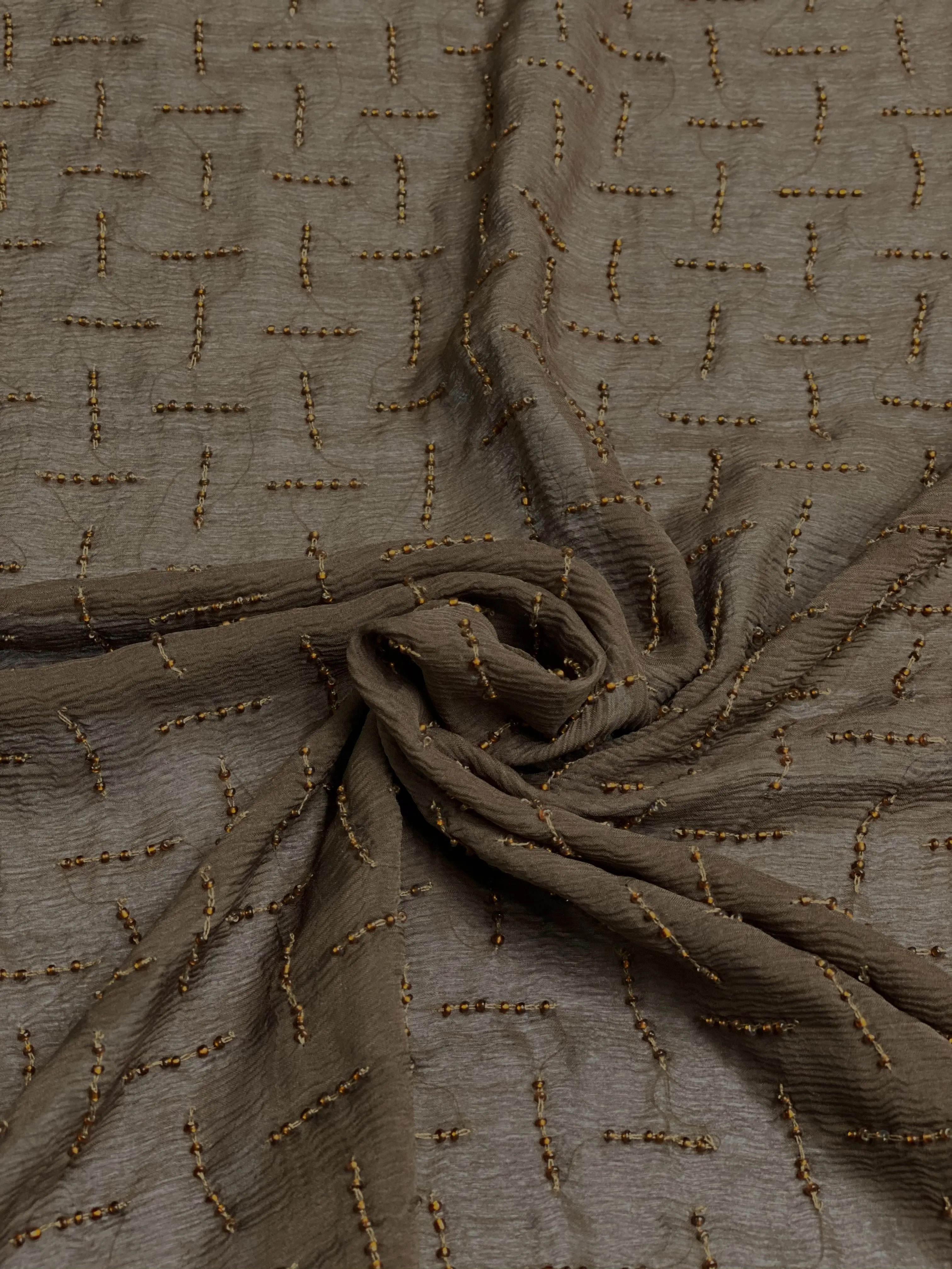 Brown Sequin & Beads On Silk Chiffon JEC-109-1 Fabric