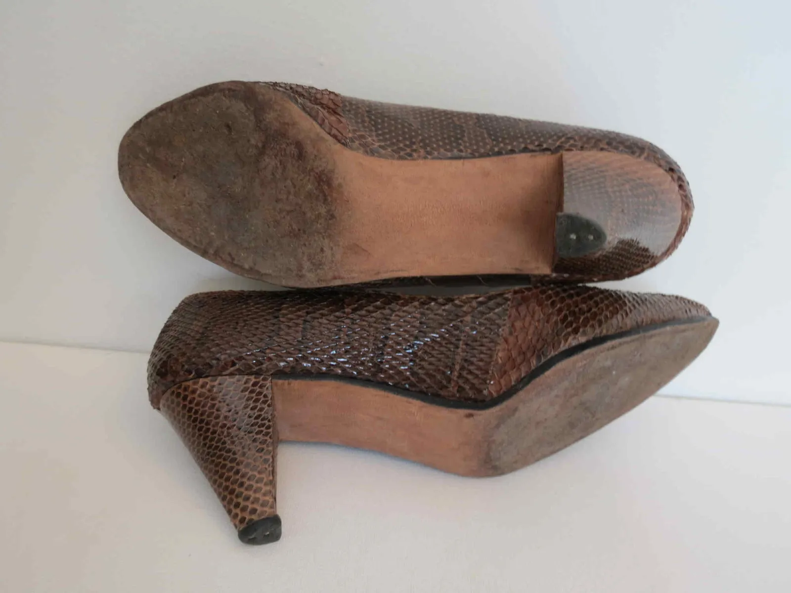 Brown Snakeskin Shoes, Heels by Power Shoe - 1950s - Size AU/US 6