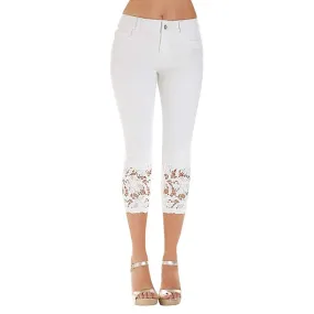 Casual Capri Lace Splicing Mid Waist Denim