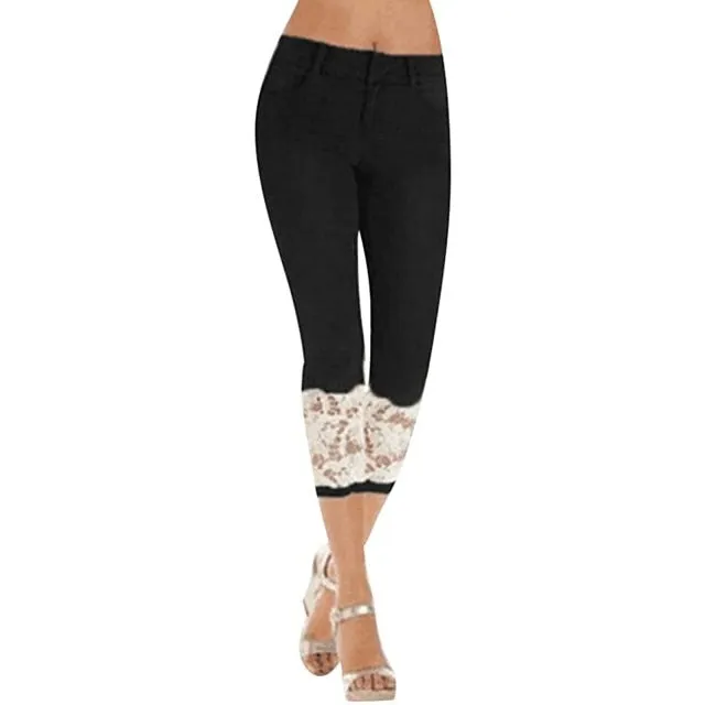 Casual Capri Lace Splicing Mid Waist Denim