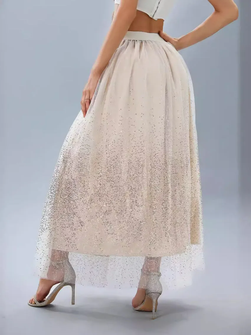 CHICMY- Women's 2024 Tulle Skirts Sequin Gradient Mest Long Skirt for Holiday Vacation Photograph Party