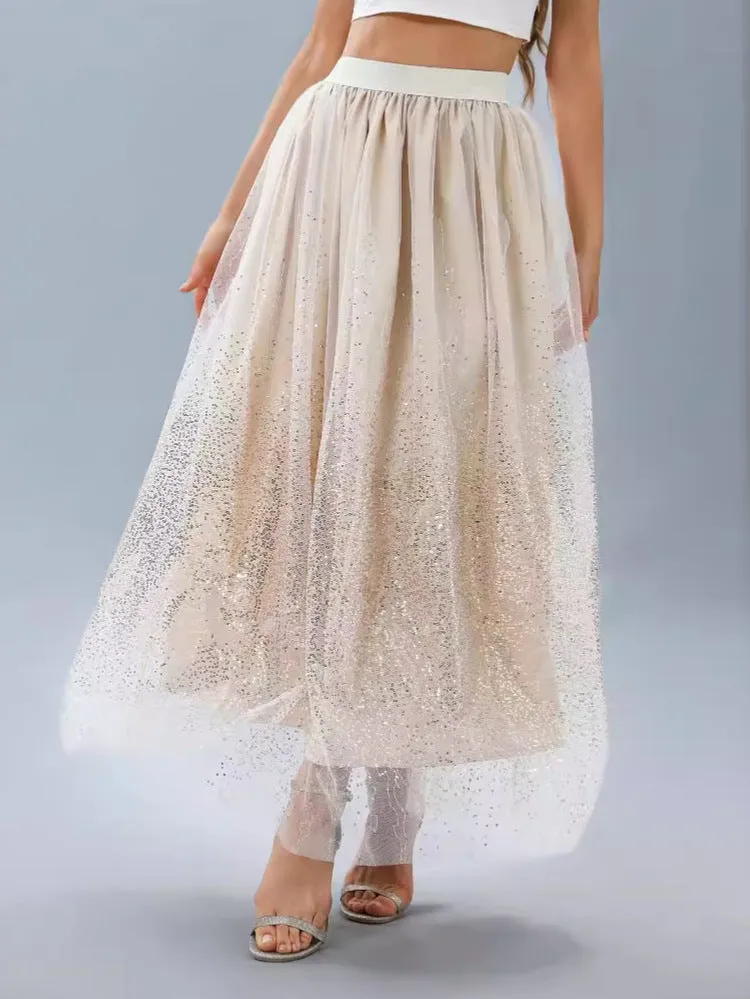 CHICMY- Women's 2024 Tulle Skirts Sequin Gradient Mest Long Skirt for Holiday Vacation Photograph Party
