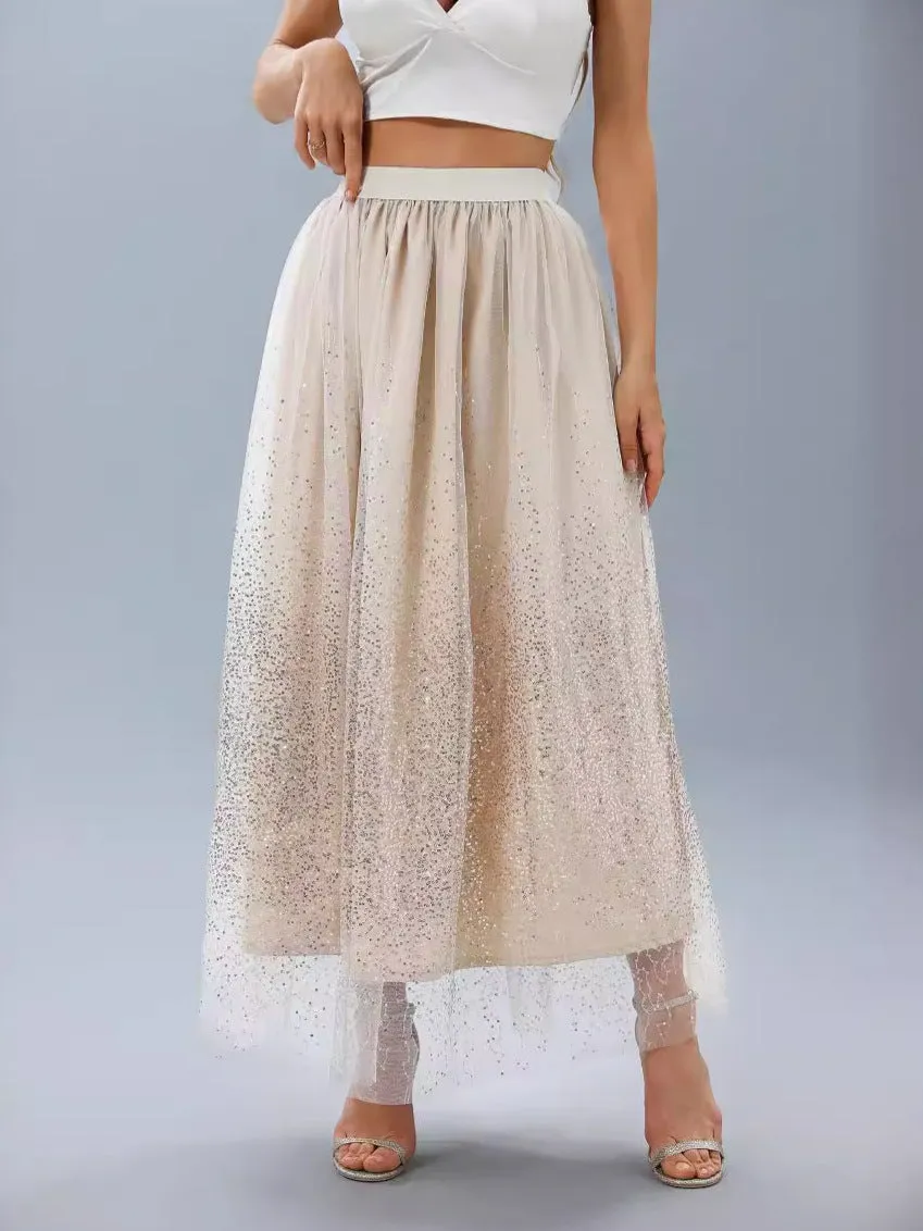 CHICMY- Women's 2024 Tulle Skirts Sequin Gradient Mest Long Skirt for Holiday Vacation Photograph Party