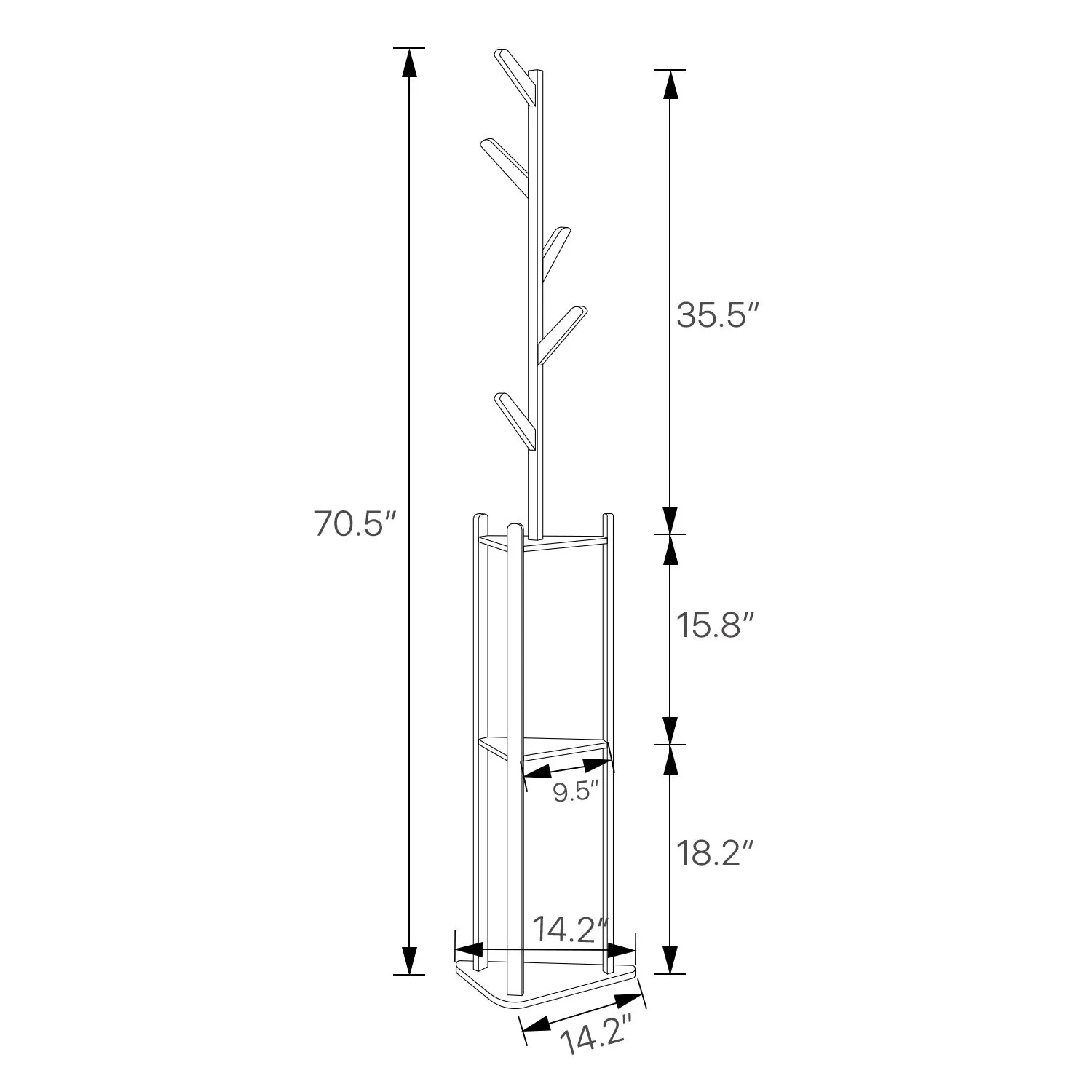 Coat Tree Stand - 3 Tier Triangular Shelves