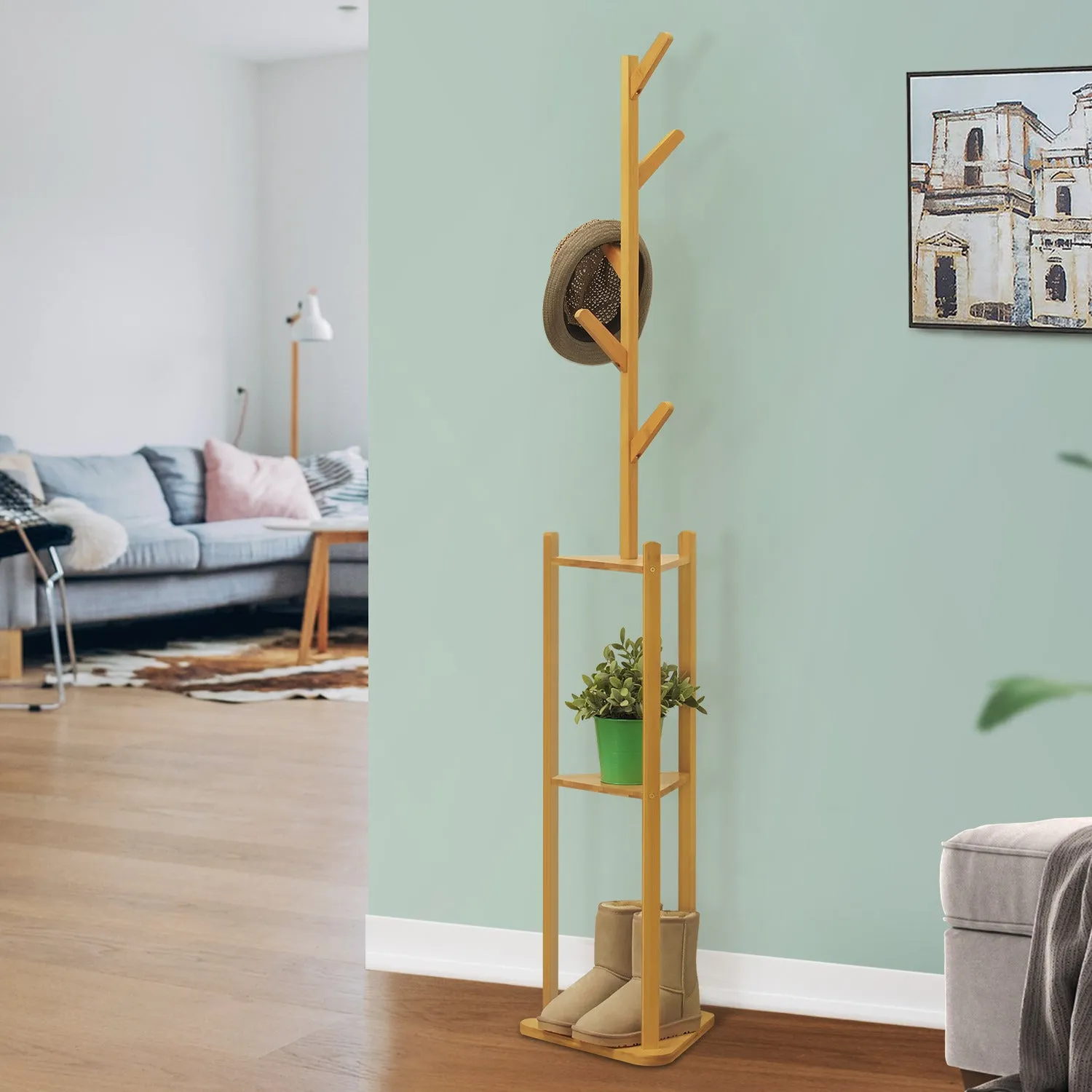 Coat Tree Stand - 3 Tier Triangular Shelves