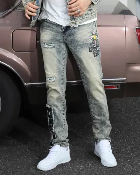 Graffiti Dark Washed Straight Leg Blue Ripped Jeans-Mexico Local Delivery