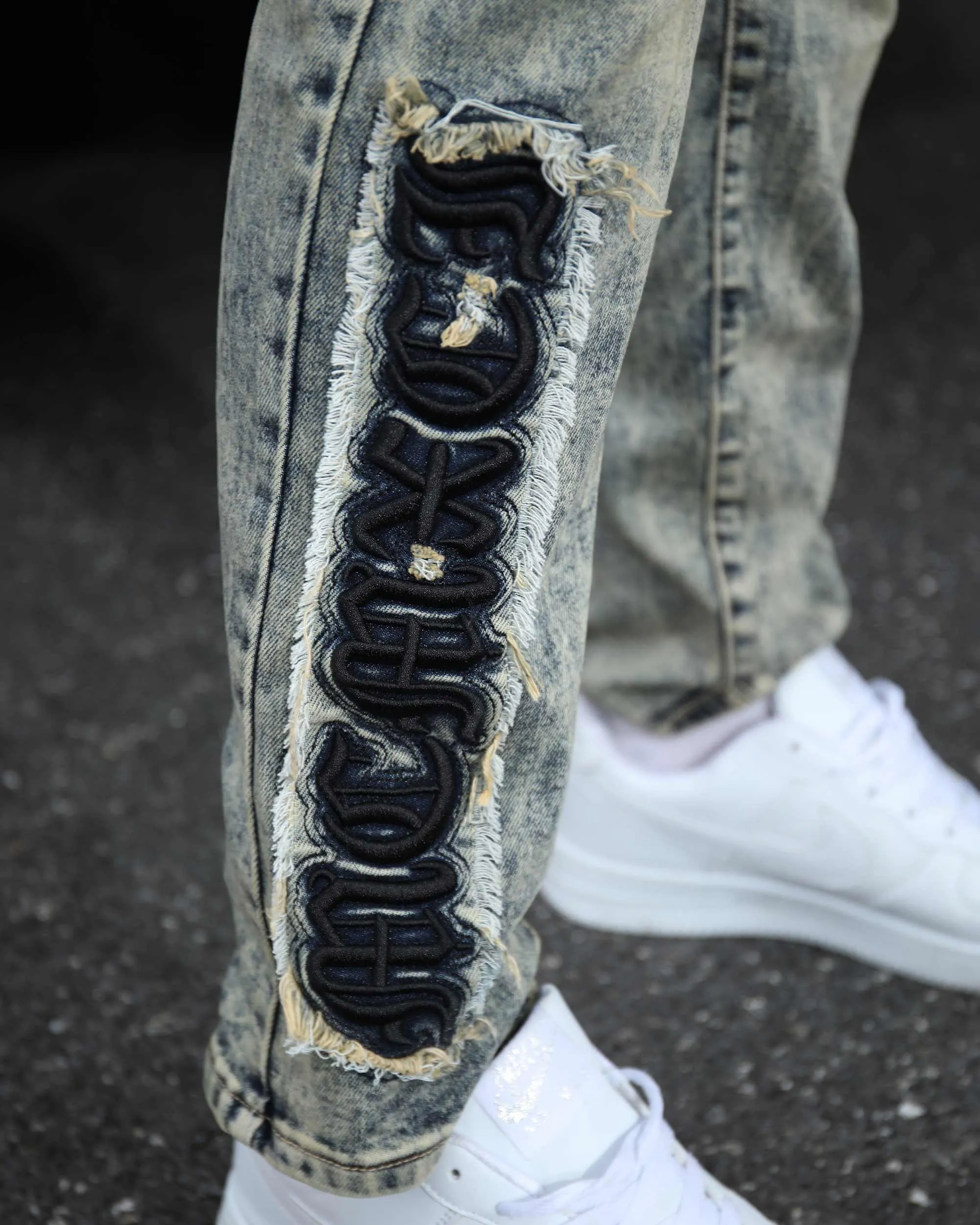 Graffiti Dark Washed Straight Leg Blue Ripped Jeans-Mexico Local Delivery