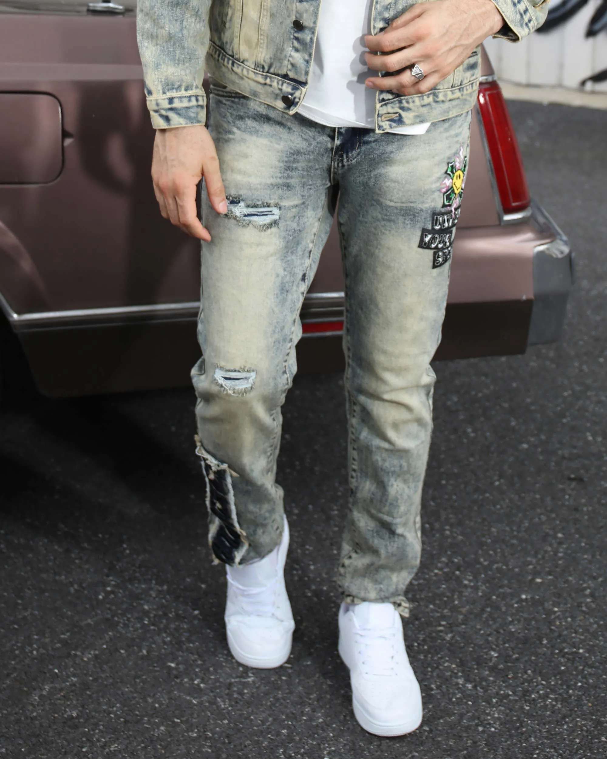 Graffiti Dark Washed Straight Leg Blue Ripped Jeans-Mexico Local Delivery