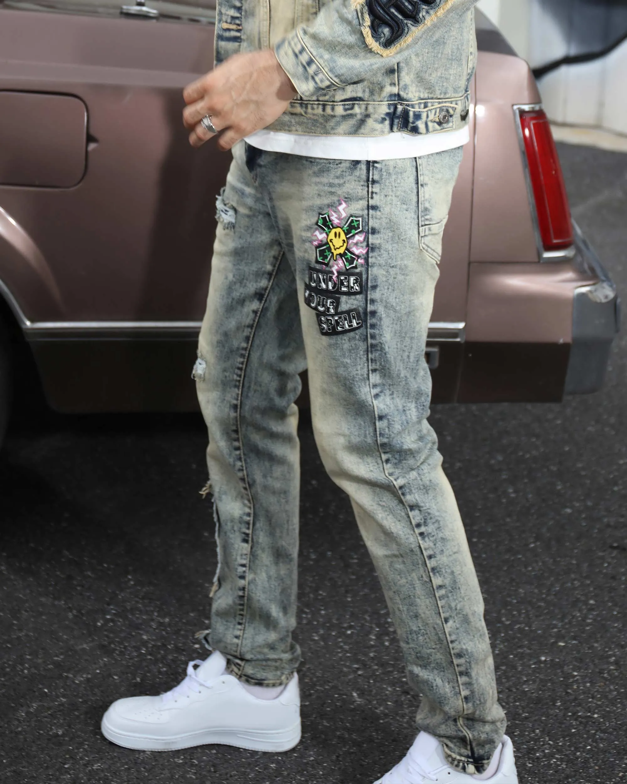 Graffiti Dark Washed Straight Leg Blue Ripped Jeans-Mexico Local Delivery