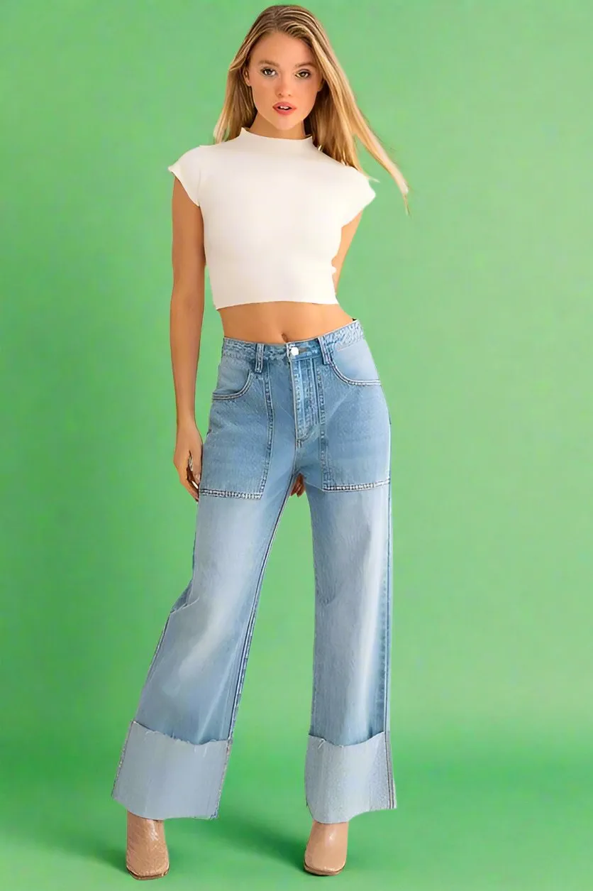 High-Waisted Wide Leg Cuffed Jeans