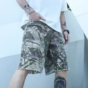 Hnzxzm Men's Graffiti Ripped Short Jeans Summer New Fashion Casual Slim Big Hole Retro Style Denim Shorts Male Brand Clothes
