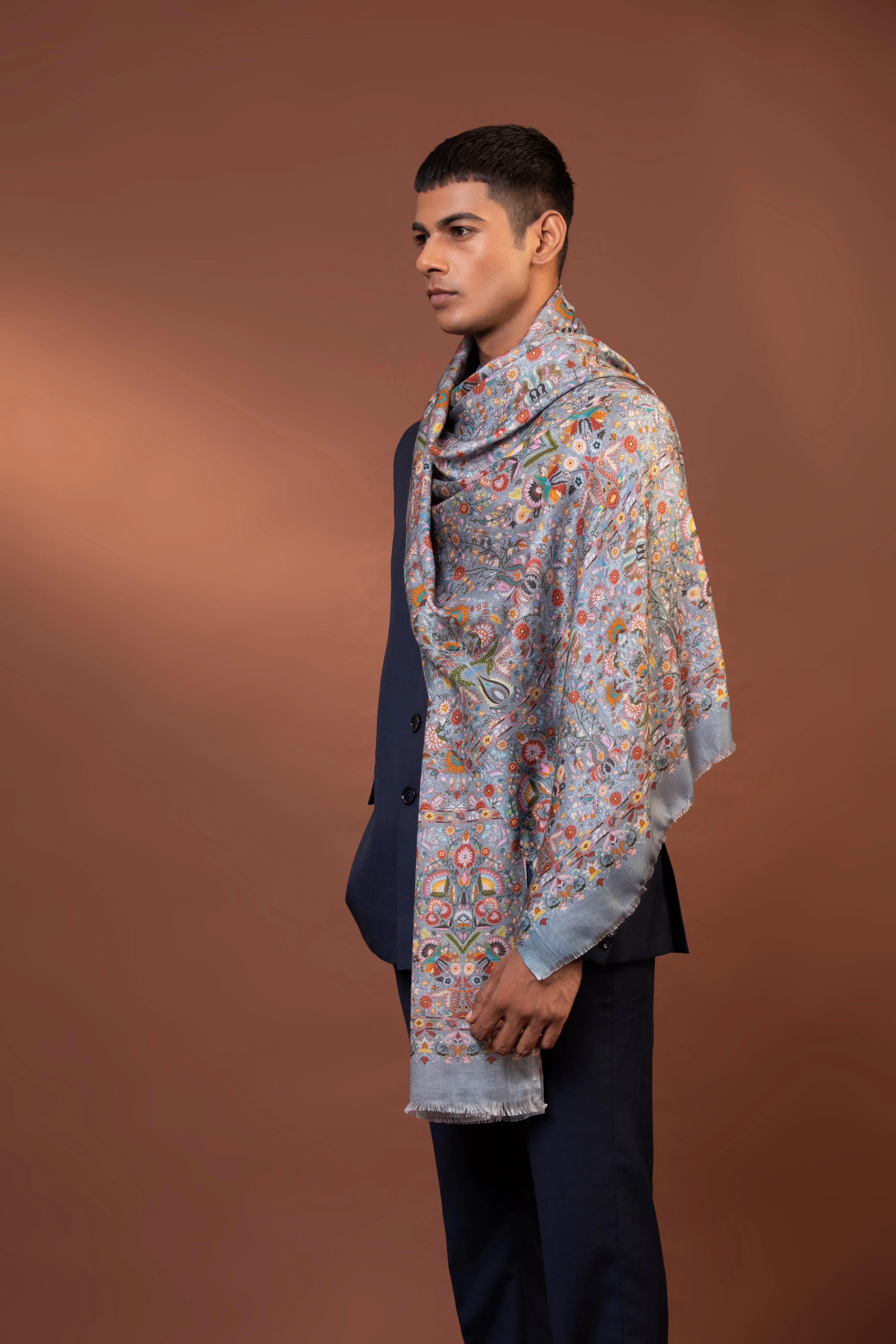 Kashmiri Pure Viscose  Shawl with Multicolor Floral Print