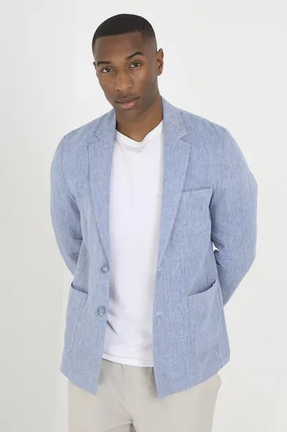 LIGHT BLUE BUTTON THROUGH THREE POCKET CHAMBRAY BLAZER