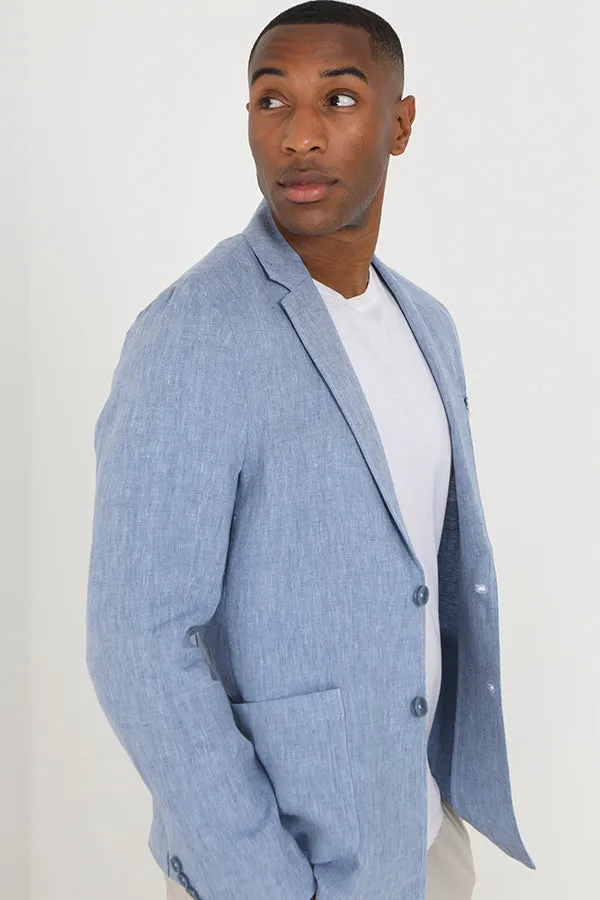 LIGHT BLUE BUTTON THROUGH THREE POCKET CHAMBRAY BLAZER