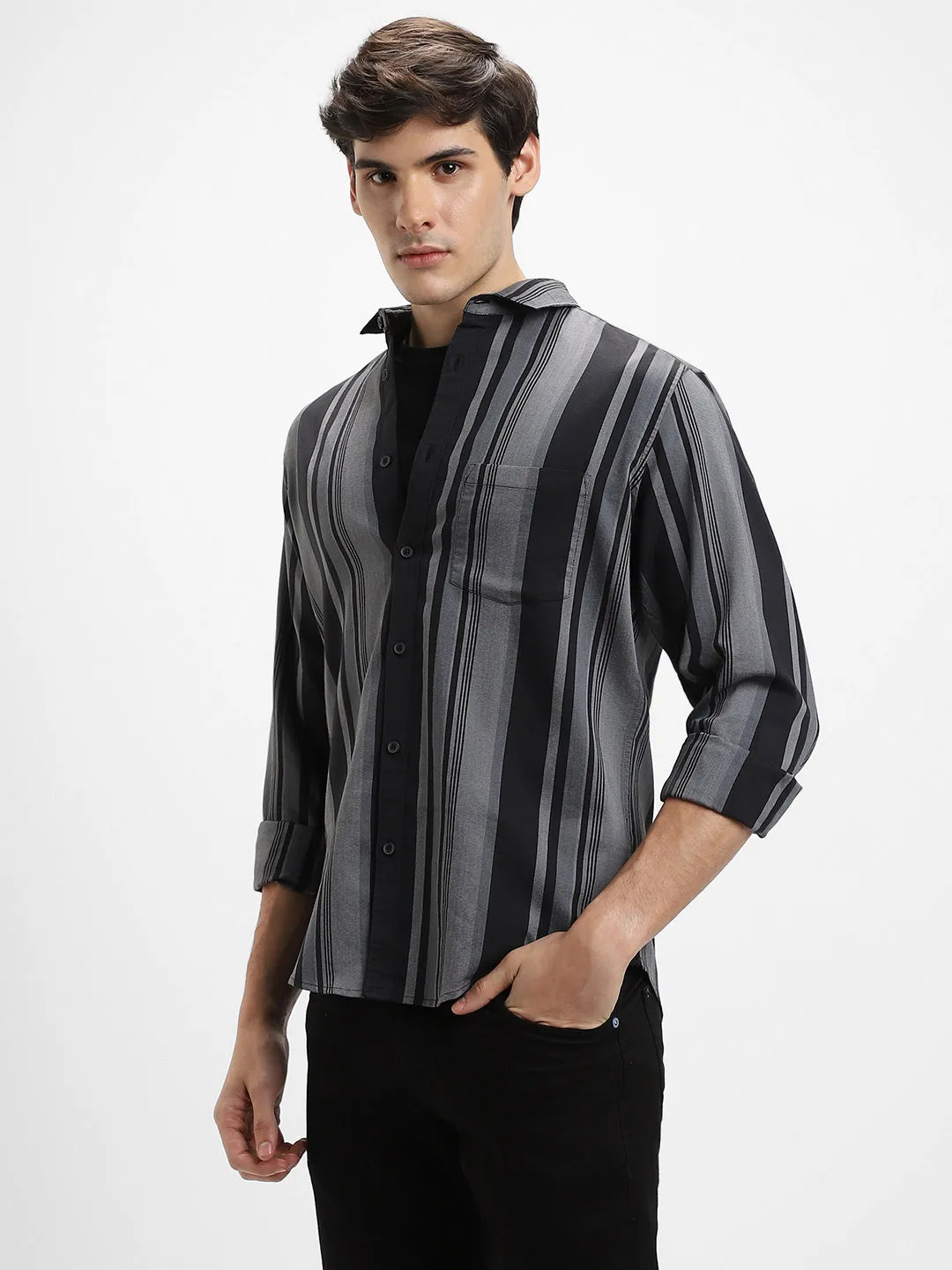 Men's Regular Collar Slim Fit Stripes Black Casual Shirts