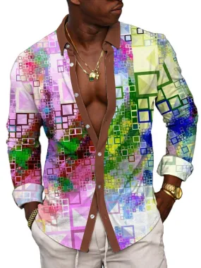 Men's Vintage Geometric Color Block Print Casual Long Sleeve Shirt