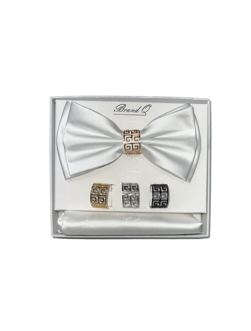 Men's White Satin Bowtie Set hanky and ring
