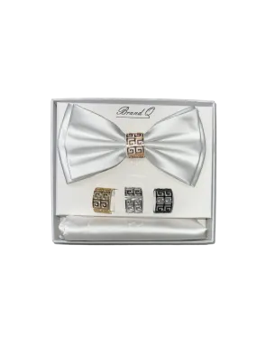 Men's White Satin Bowtie Set hanky and ring