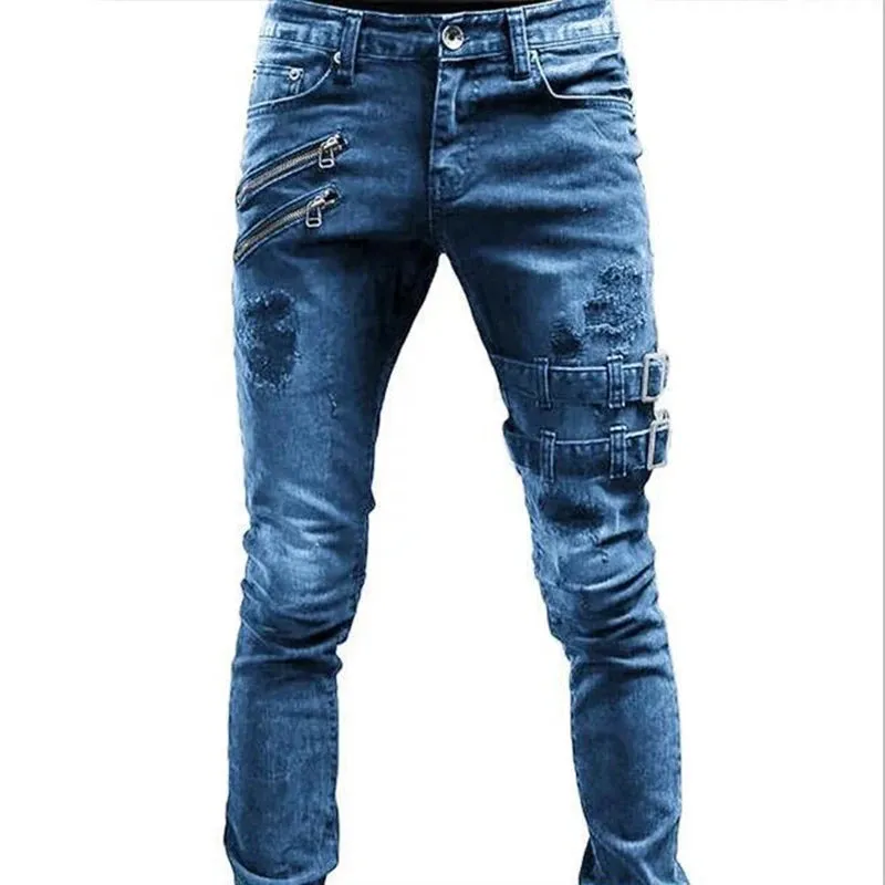 Men's White Stretch Embroidered Skinny Jeans - Ripped Hip Hop Denim Pants, Slim Fit Oversize Style