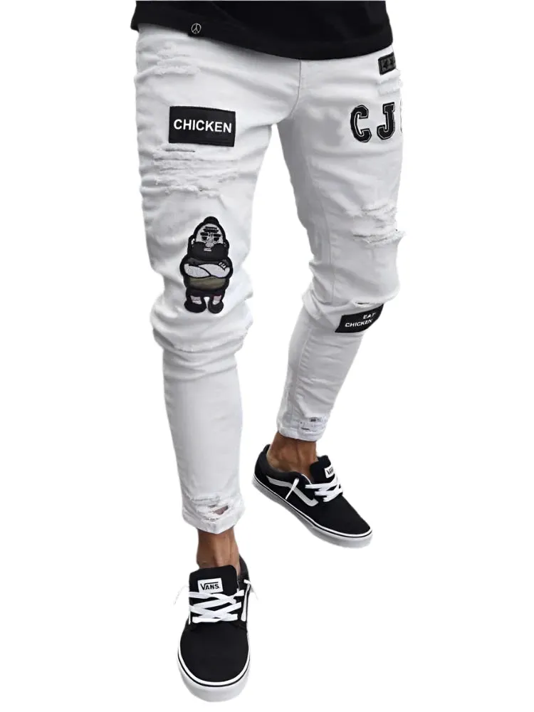 Men's White Stretch Embroidered Skinny Jeans - Ripped Hip Hop Denim Pants, Slim Fit Oversize Style