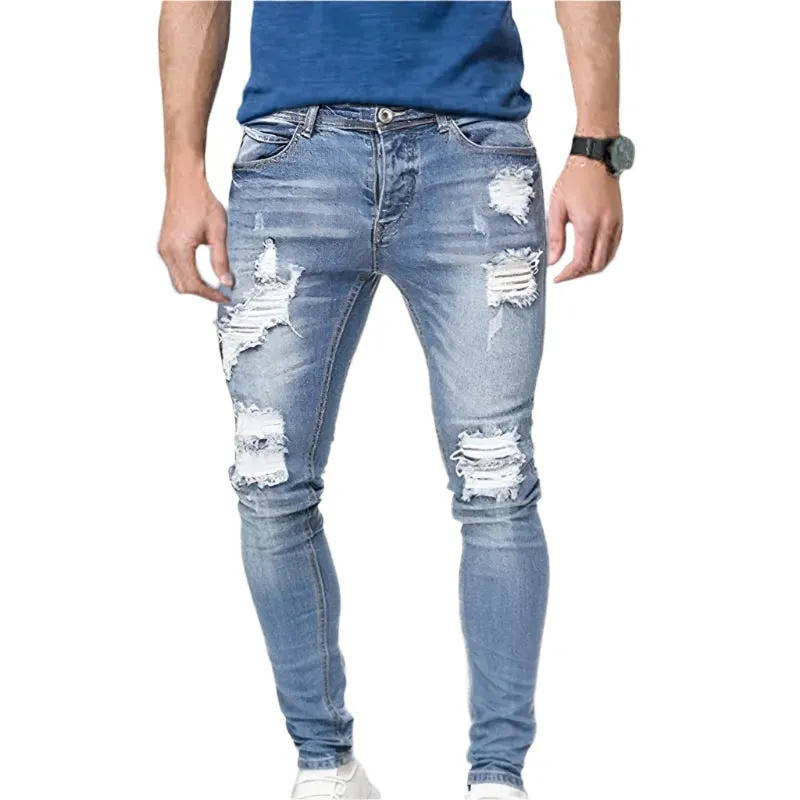 Men's White Stretch Embroidered Skinny Jeans - Ripped Hip Hop Denim Pants, Slim Fit Oversize Style