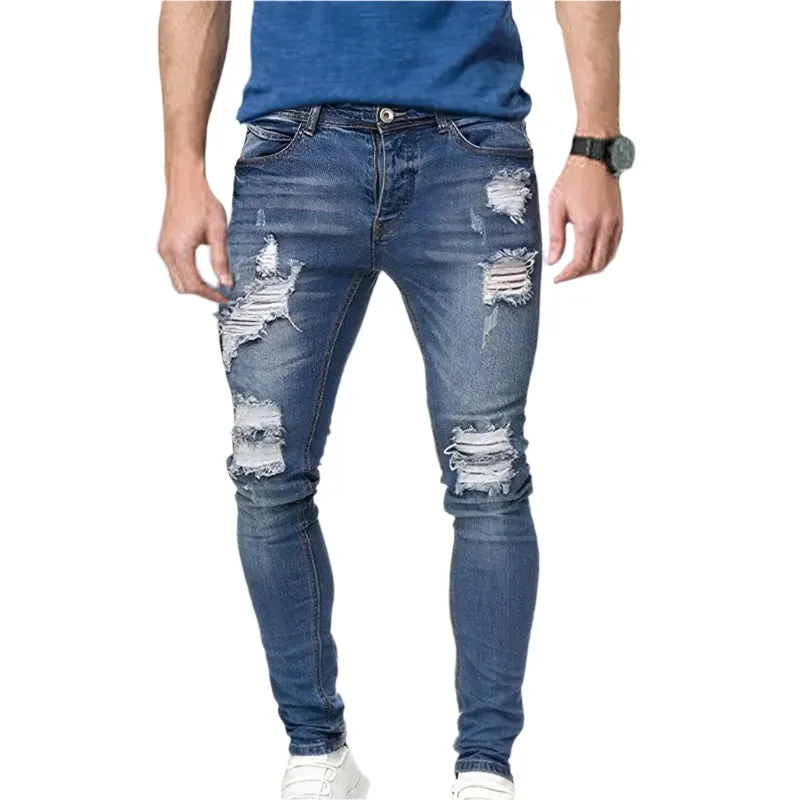 Men's White Stretch Embroidered Skinny Jeans - Ripped Hip Hop Denim Pants, Slim Fit Oversize Style