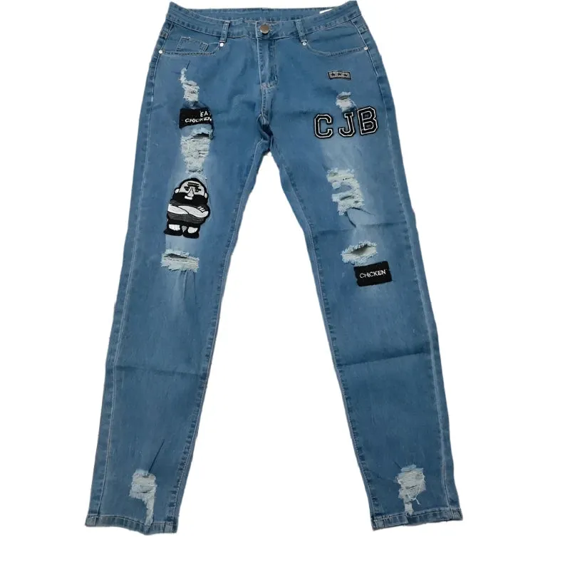 Men's White Stretch Embroidered Skinny Jeans - Ripped Hip Hop Denim Pants, Slim Fit Oversize Style