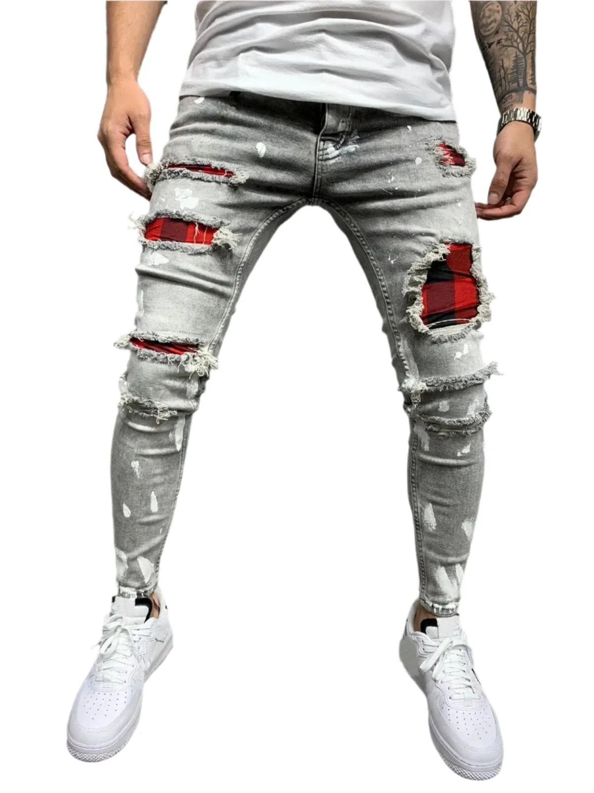 Men's White Stretch Embroidered Skinny Jeans - Ripped Hip Hop Denim Pants, Slim Fit Oversize Style