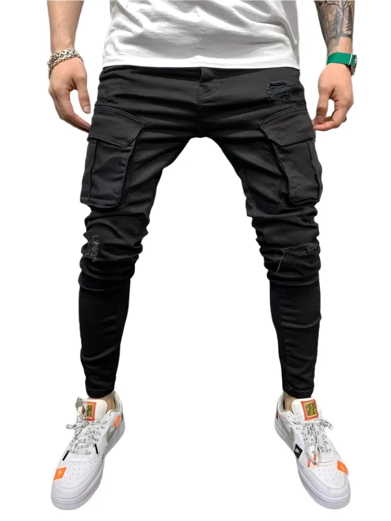 Men's White Stretch Embroidered Skinny Jeans - Ripped Hip Hop Denim Pants, Slim Fit Oversize Style