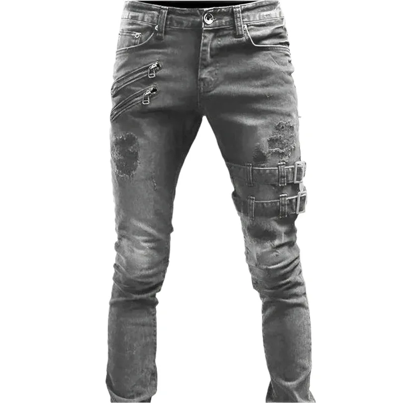 Men's White Stretch Embroidered Skinny Jeans - Ripped Hip Hop Denim Pants, Slim Fit Oversize Style