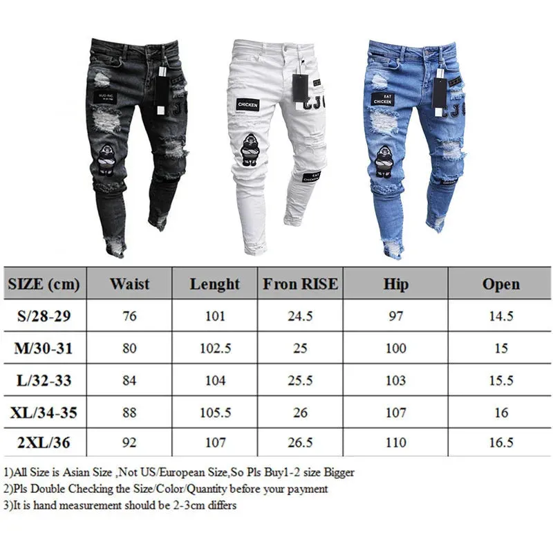 Men's White Stretch Embroidered Skinny Jeans - Ripped Hip Hop Denim Pants, Slim Fit Oversize Style