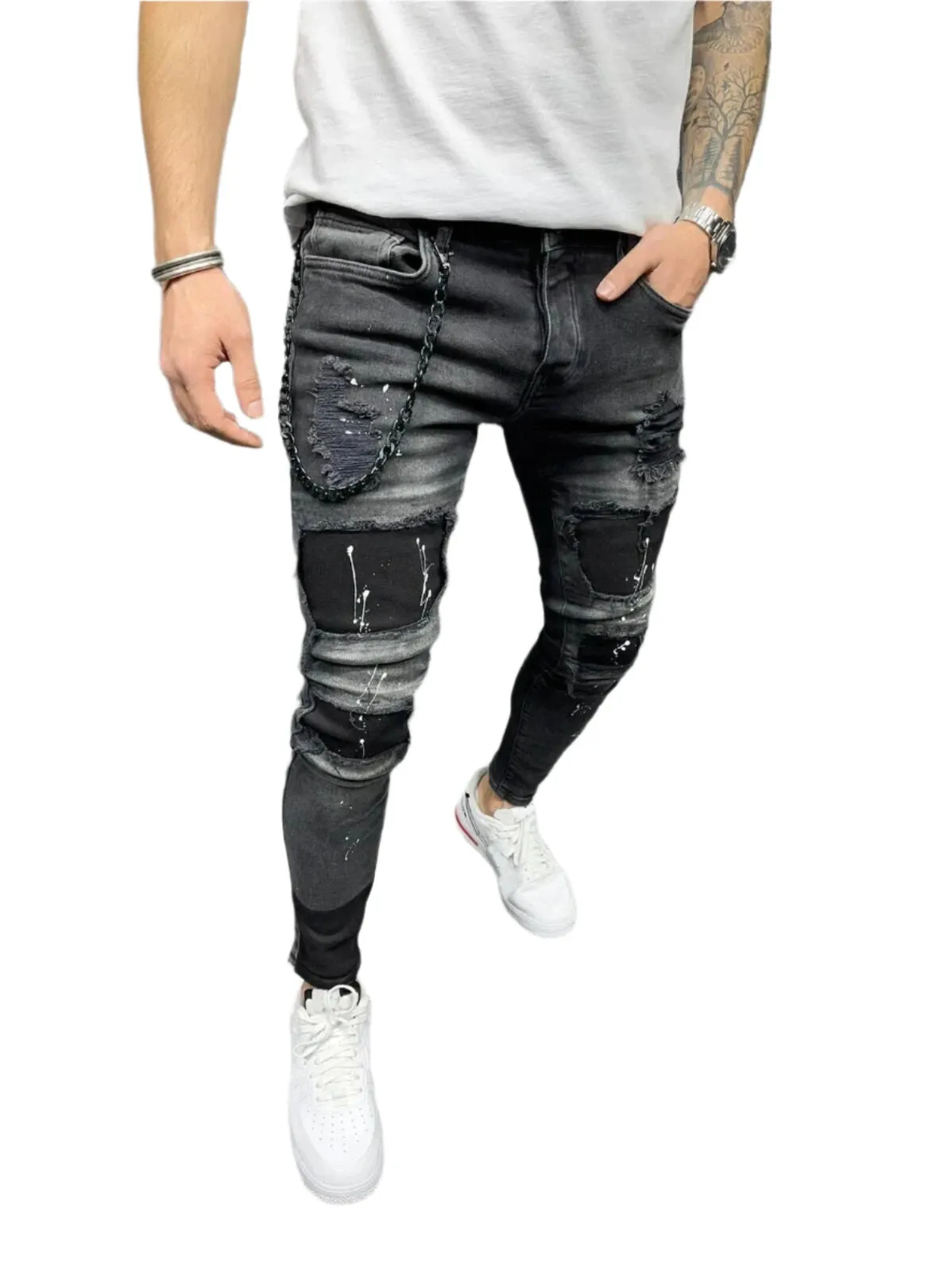 Men's White Stretch Embroidered Skinny Jeans - Ripped Hip Hop Denim Pants, Slim Fit Oversize Style