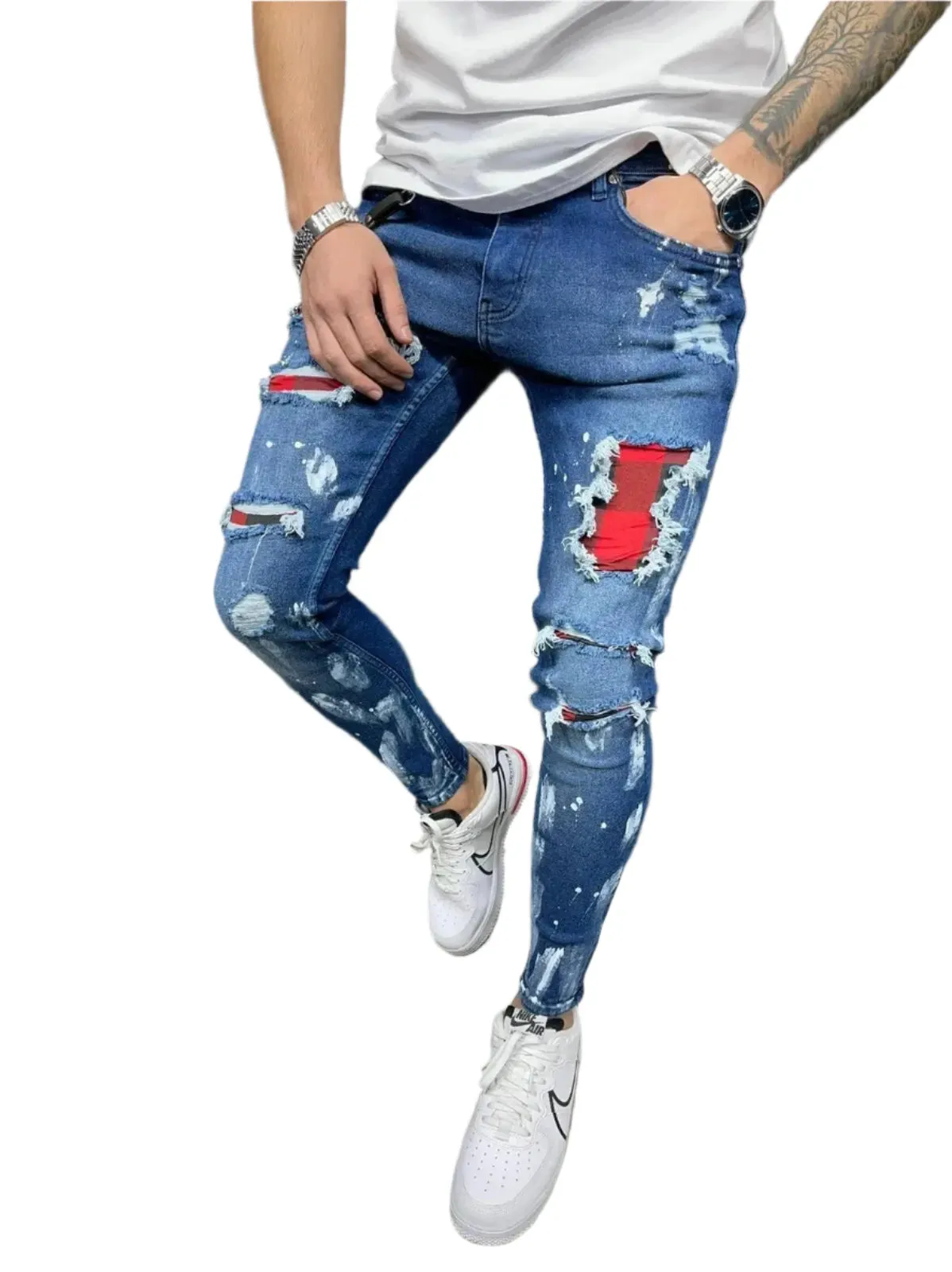 Men's White Stretch Embroidered Skinny Jeans - Ripped Hip Hop Denim Pants, Slim Fit Oversize Style