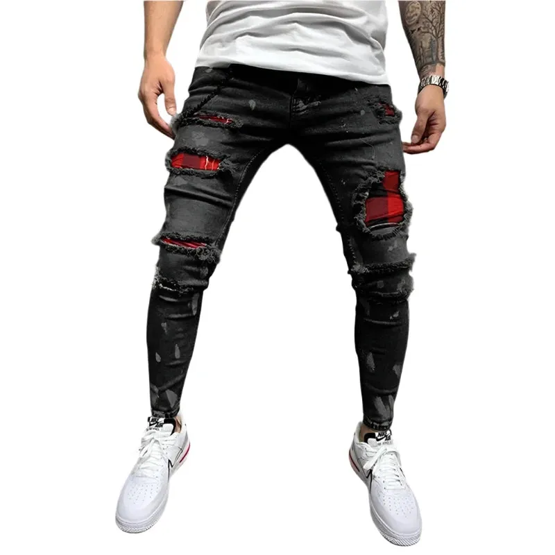 Men's White Stretch Embroidered Skinny Jeans - Ripped Hip Hop Denim Pants, Slim Fit Oversize Style
