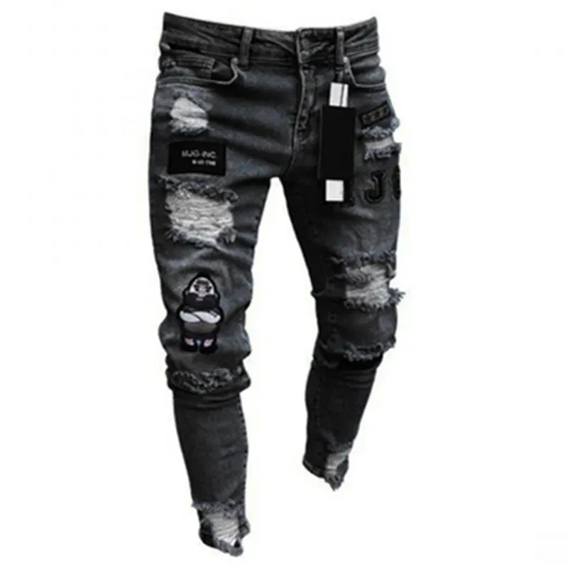 Men's White Stretch Embroidered Skinny Jeans - Ripped Hip Hop Denim Pants, Slim Fit Oversize Style