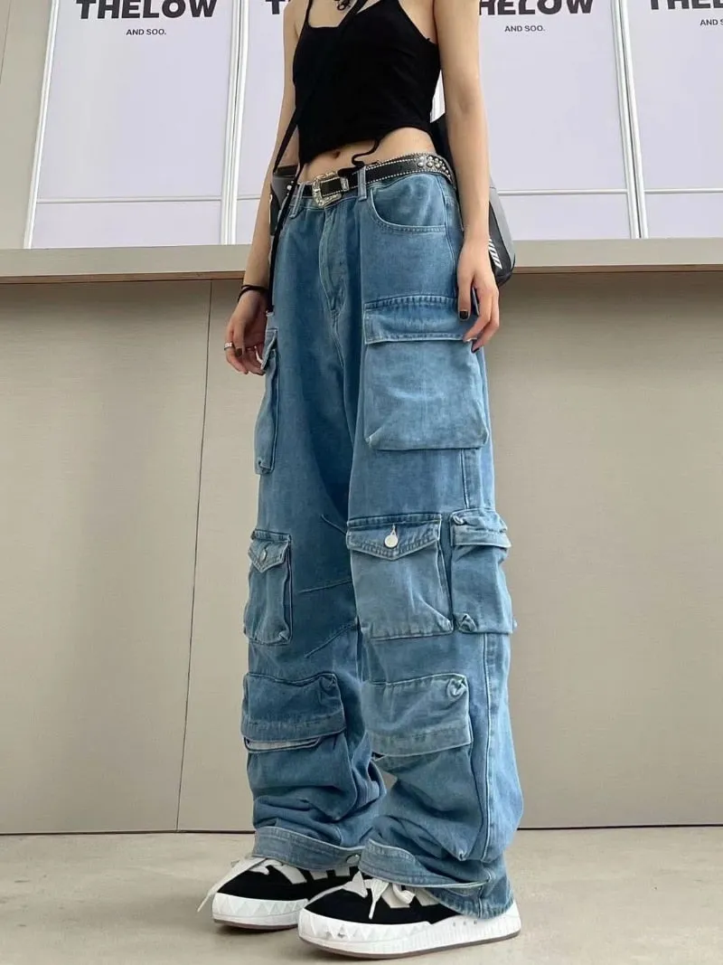 Multi-Pocket Blue Washed Cargo Pants Y2k Retro High Street Fashion High Waist Jeans