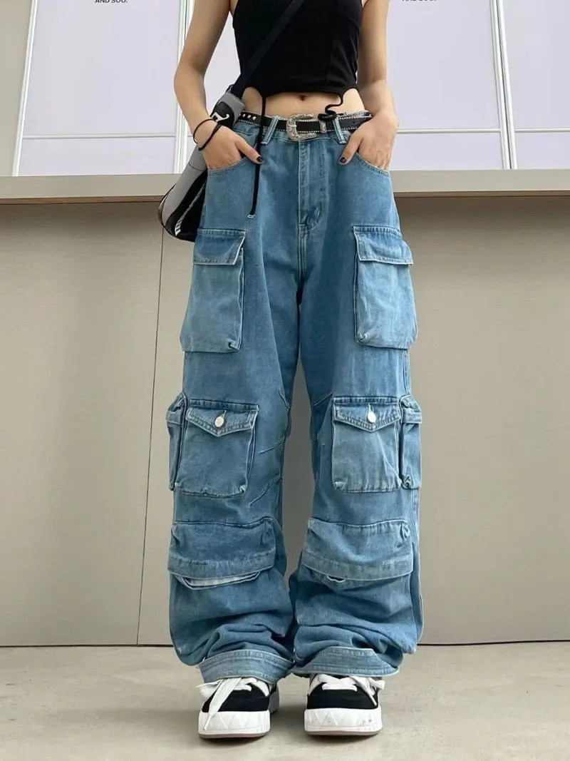 Multi-Pocket Blue Washed Cargo Pants Y2k Retro High Street Fashion High Waist Jeans