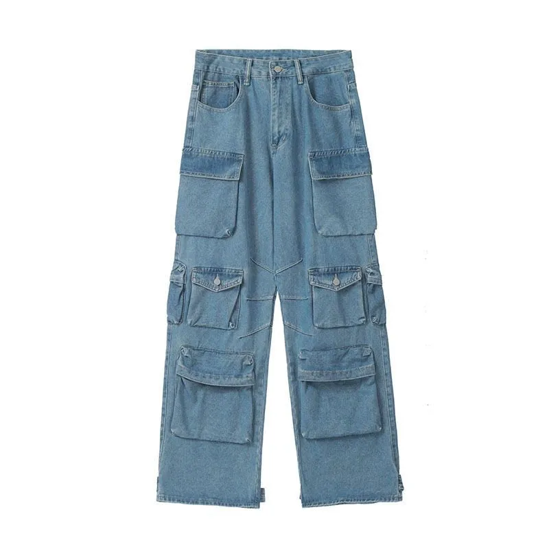 Multi-Pocket Blue Washed Cargo Pants Y2k Retro High Street Fashion High Waist Jeans